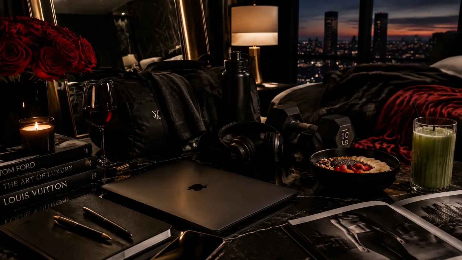 Black-and-white photo of a stylish home office desk with laptop, books, and wine glass overlooking a city skyline at night