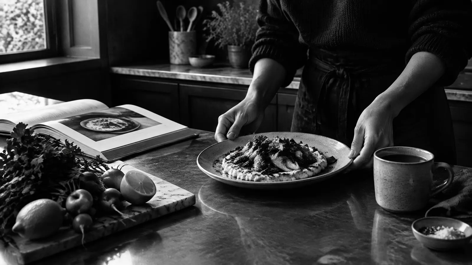 A black-and-white kitchen scene with a plated meal, fresh produce, and a cookbook.